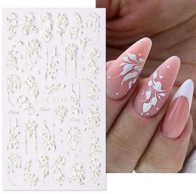 JNBS 5D Embossed Nail Sticker White FLORAL