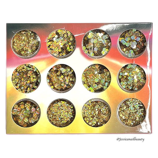 Glitter - Round Gold (Set of 12 jars) - Jessica Nail & Beauty Supply - Canada Nail Beauty Supply - Glitter