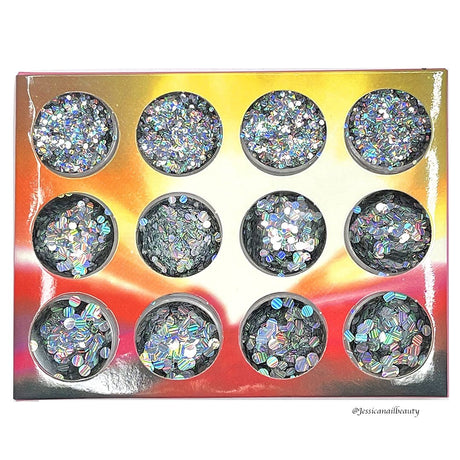 Glitter - Round Silver (Set of 12 jars) - Jessica Nail & Beauty Supply - Canada Nail Beauty Supply - Glitter