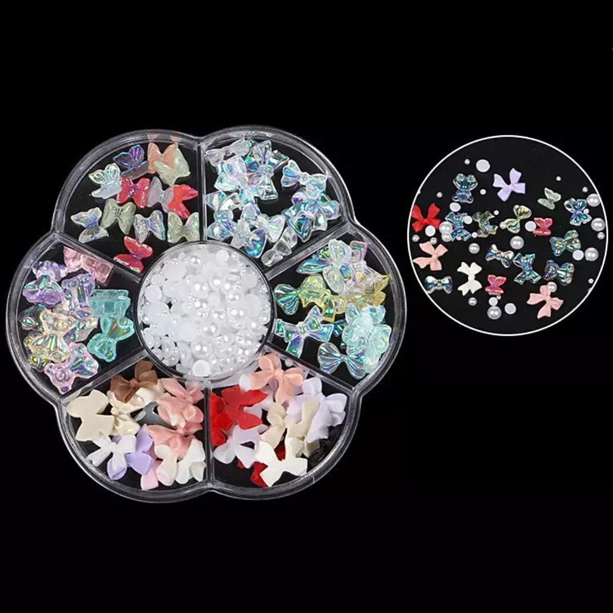 JNBS Nail Charm Resin Aurora Bow, Pearls, Gummy Bear, Butterfly Mixed Set (7 grids)