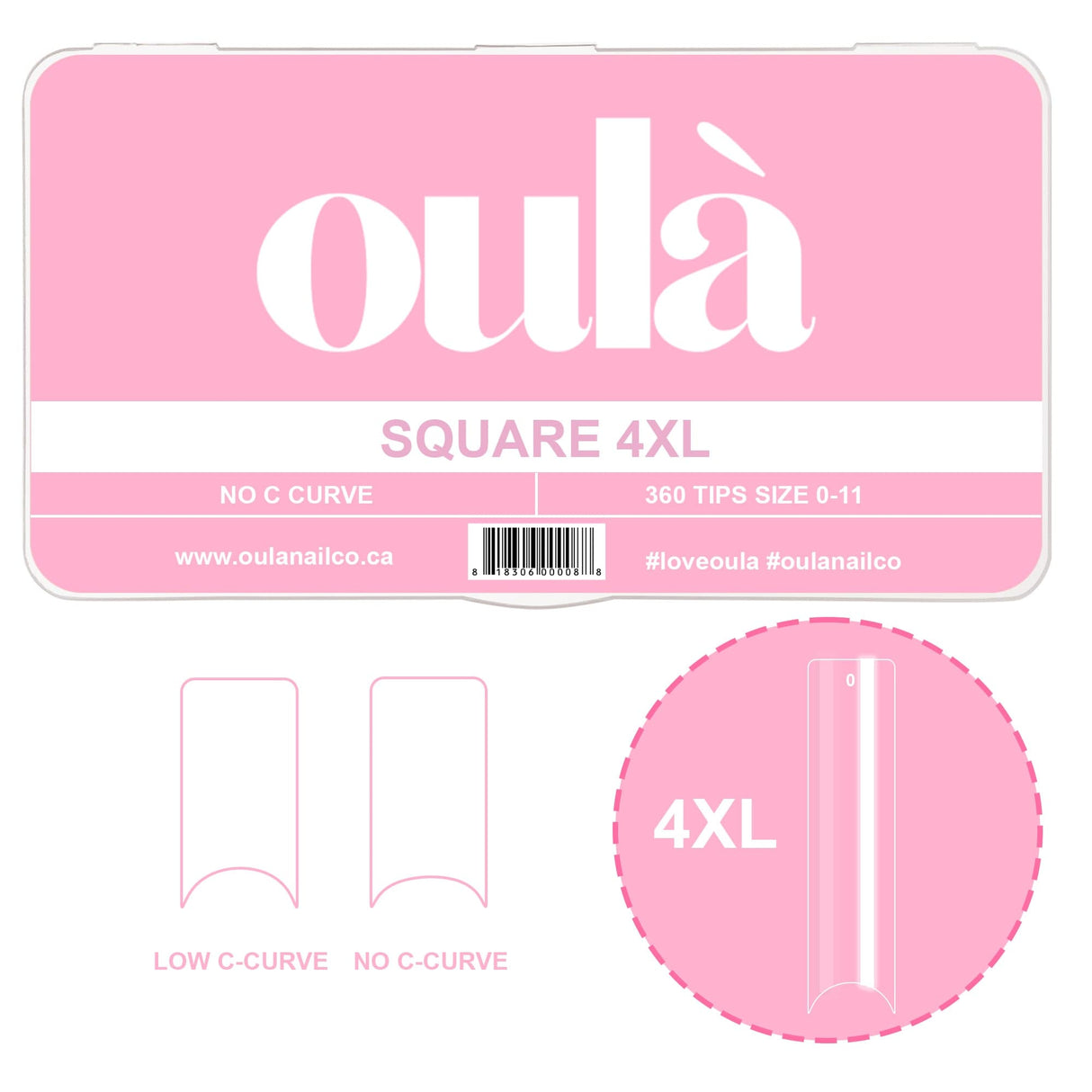 Oulà Nail Enhancement Tips SQUARE 4XL NO C CURVE (Box of 360 tips)