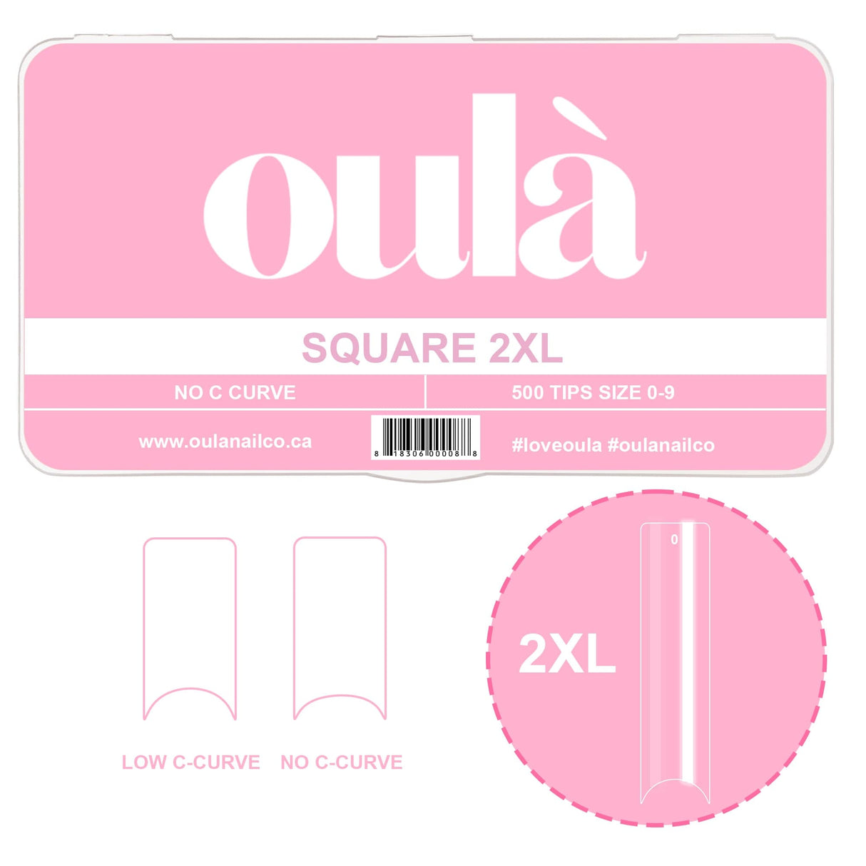 Oulà Nail Enhancement Tips SQUARE 2XL NO & LOW C CURVE (Box of 500 tips)